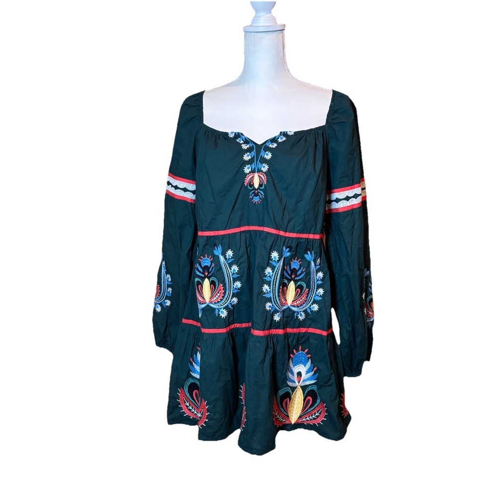 Anthropologie Let Me Be Embroidered Tunic Dress Green Boho Peasant Medium